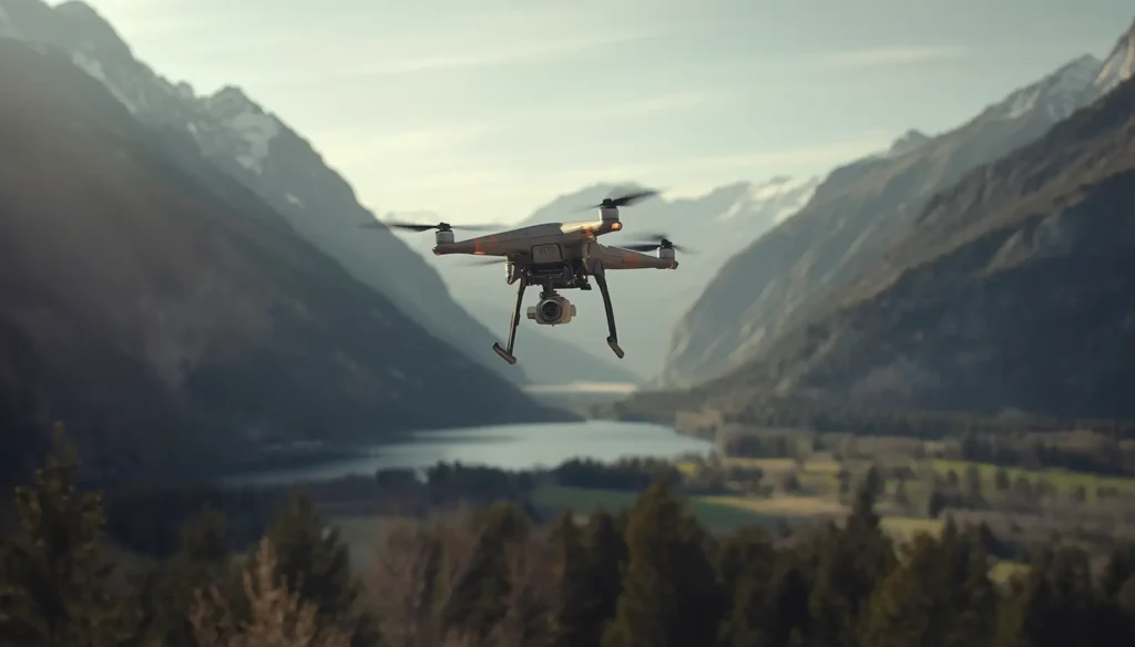 Drone professionnel en vol au dessus dune vallee alpine en Auvergne Rhone Alpes