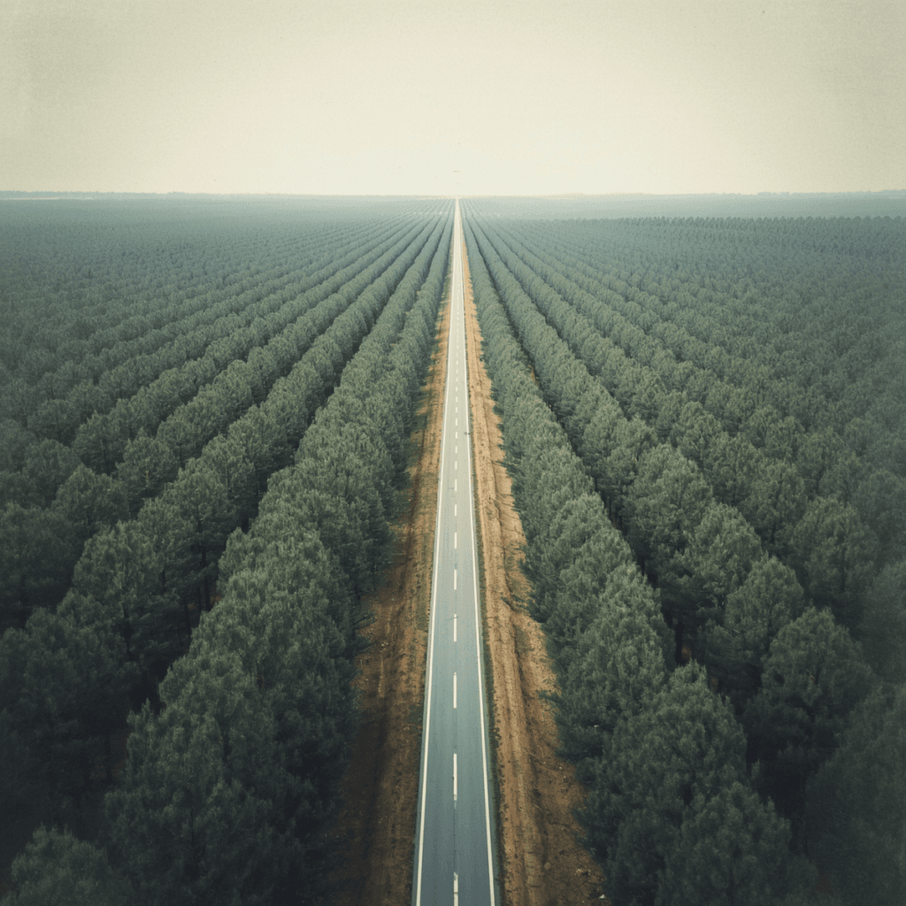 Route traversant la foret de pins des Landes vue du ciel