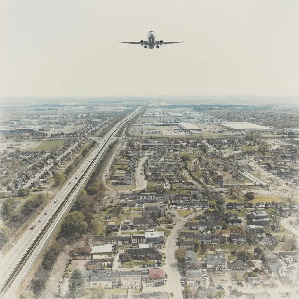Zone periurbaine survolee par un avion en approche